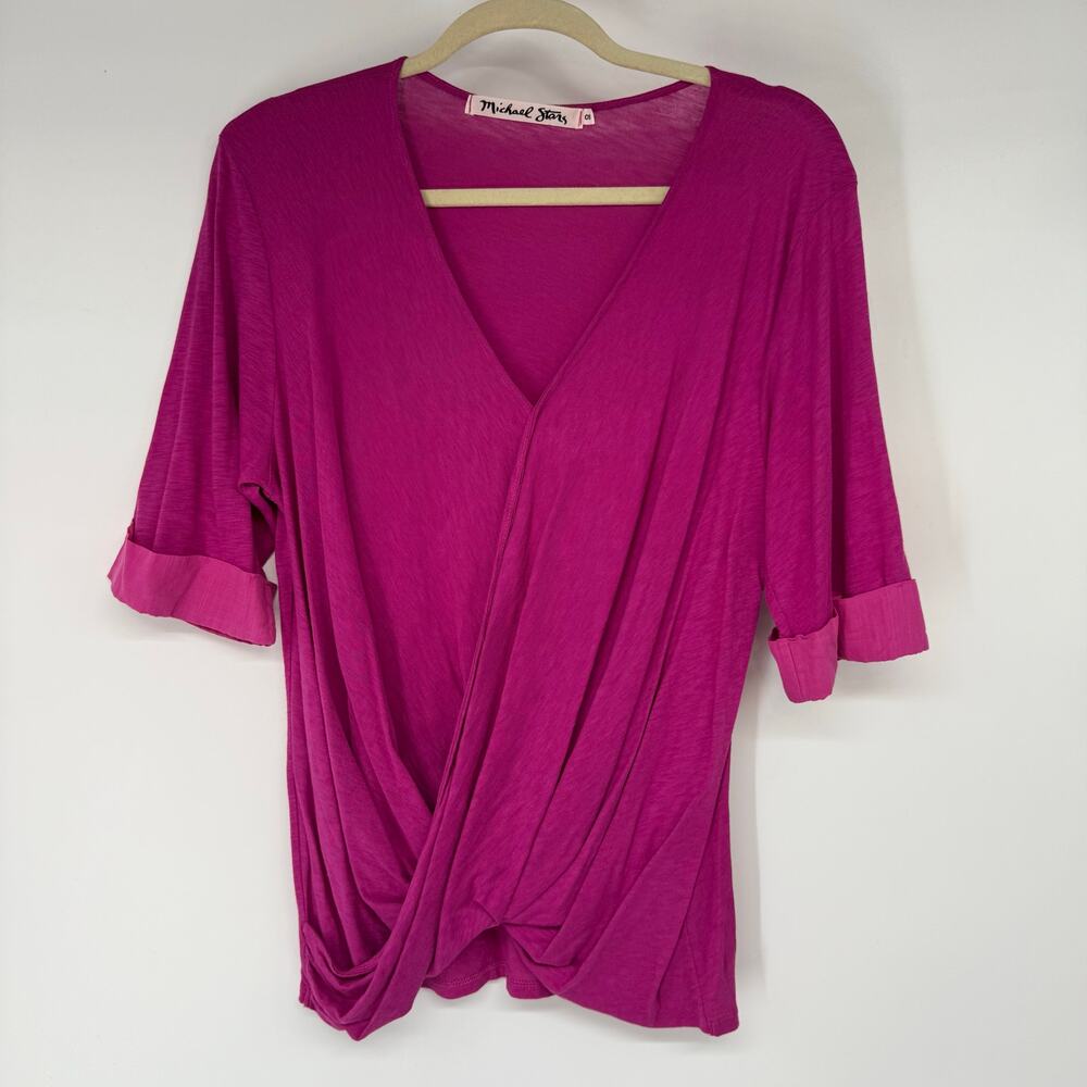 Michael Stars Gathered Hem Wrap Top Women's One Size Pink Cuffed Sleeve Femme